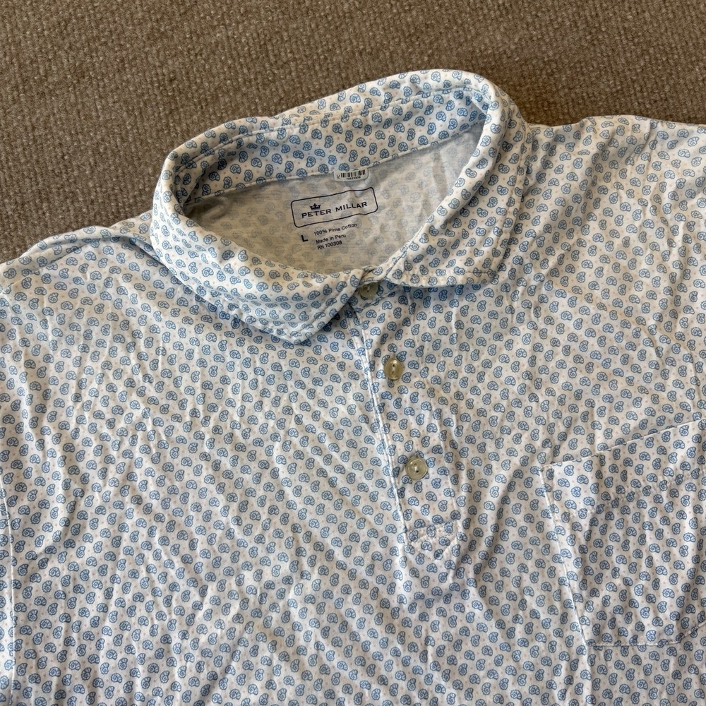 Peter Millar Blue And White Shell Print Golf Polo Men's Size L Pima Cotton
